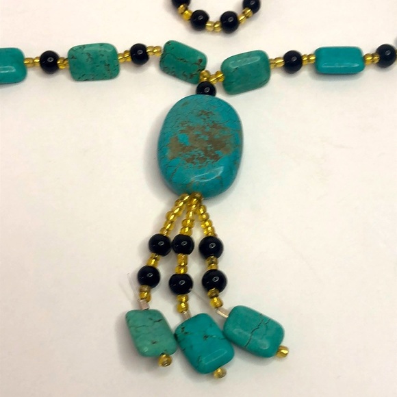 Blue Turquoise And Onyx Gemstone Bead Necklace 28” Long - Picture 2 of 6